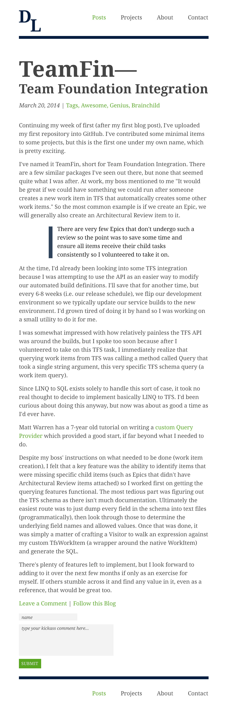 An image of a DRAFT single post page. Using the chosen color palette and fonts. It's simple; no sidebar and styling for a blockquote, header and footer. Definitely a work in progress
