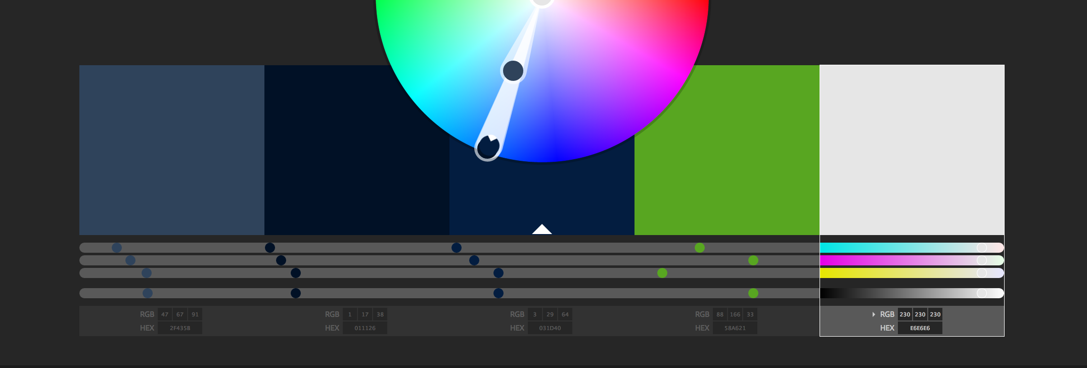 A photo of the color palette that I chose for Daniel's blog. It's primarily dark blue with a very light grey and a bright green